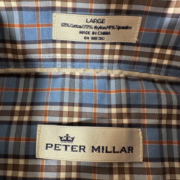 Peter Millar Shirt Men Size L Blue Plaid Long Sleeve Single Pocket Button Up EUC - Picture 5 of 9